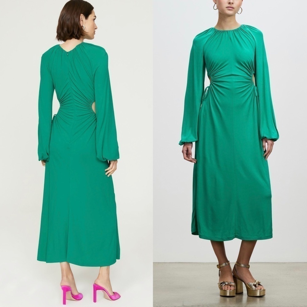 REBECCA VALLANCE 70s Ruched Tie Waist Cutout Long Bell Sleeve Disco Midi Dress 8 - Picture 10 of 15